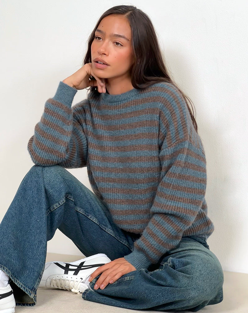 Image of Orvala Knit Jumper in Slate and Brown Stripe (Pull en tricot à rayures ardoise et marron)