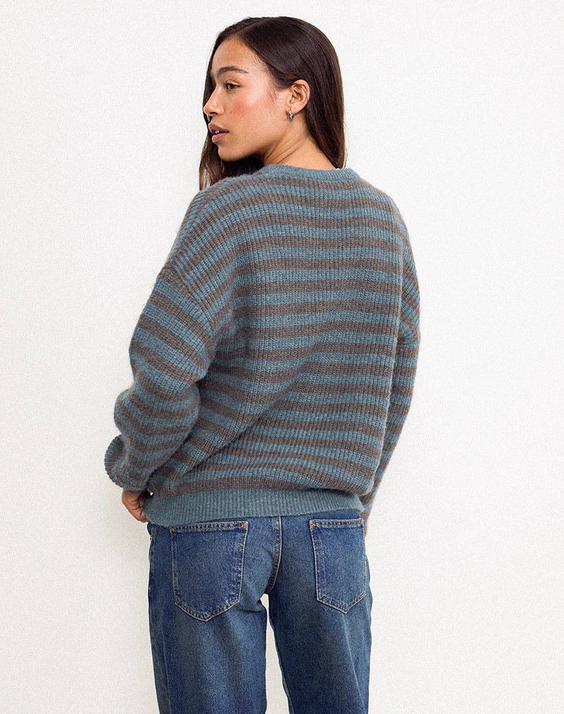 Image of Orvala Knit Jumper in Slate and Brown Stripe (Pull en tricot à rayures ardoise et marron)