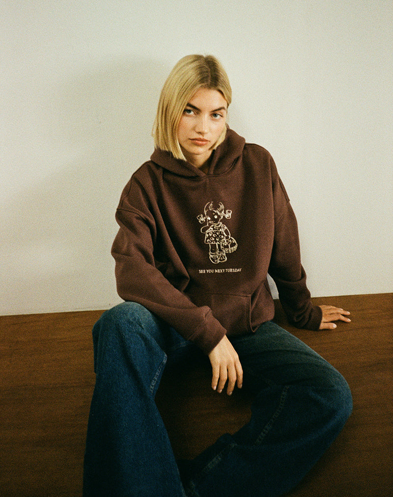 Image of Oversize Hoodie in Deep Mahogany with See You Next Tuesday Print (sweat à capuche surdimensionné en acajou profond avec imprimé "See You Next Tuesday")