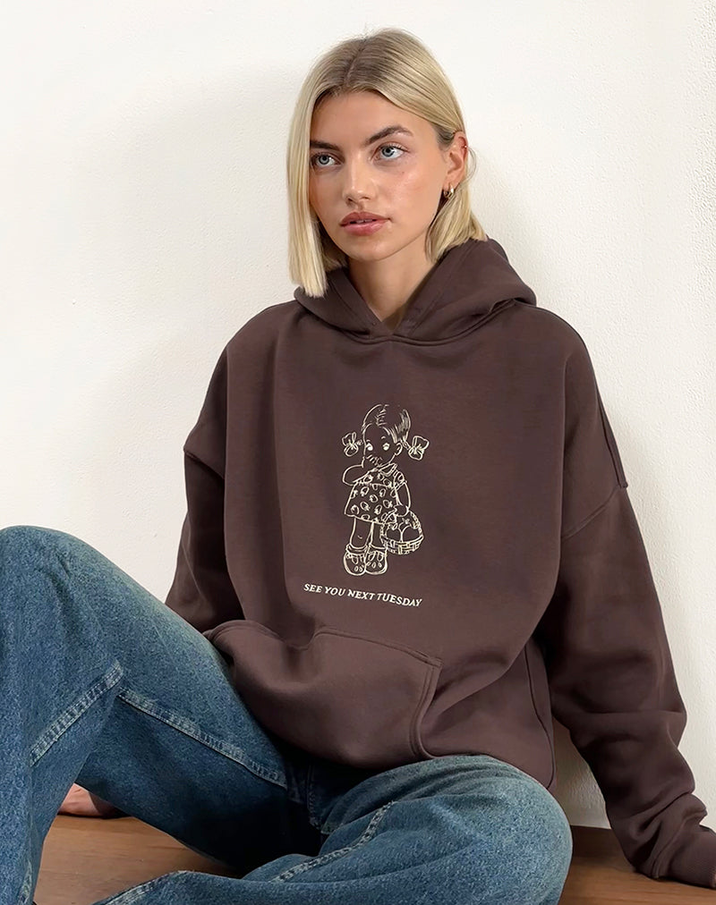 Image of Oversize Hoodie in Deep Mahogany with See You Next Tuesday Print (sweat à capuche surdimensionné en acajou profond avec imprimé "See You Next Tuesday")
