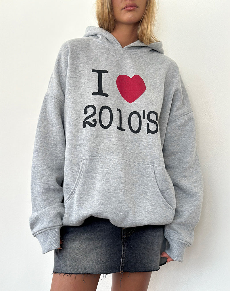 Image du sweat à capuche surdimensionné en gris marron avec imprimé I Love 2010's