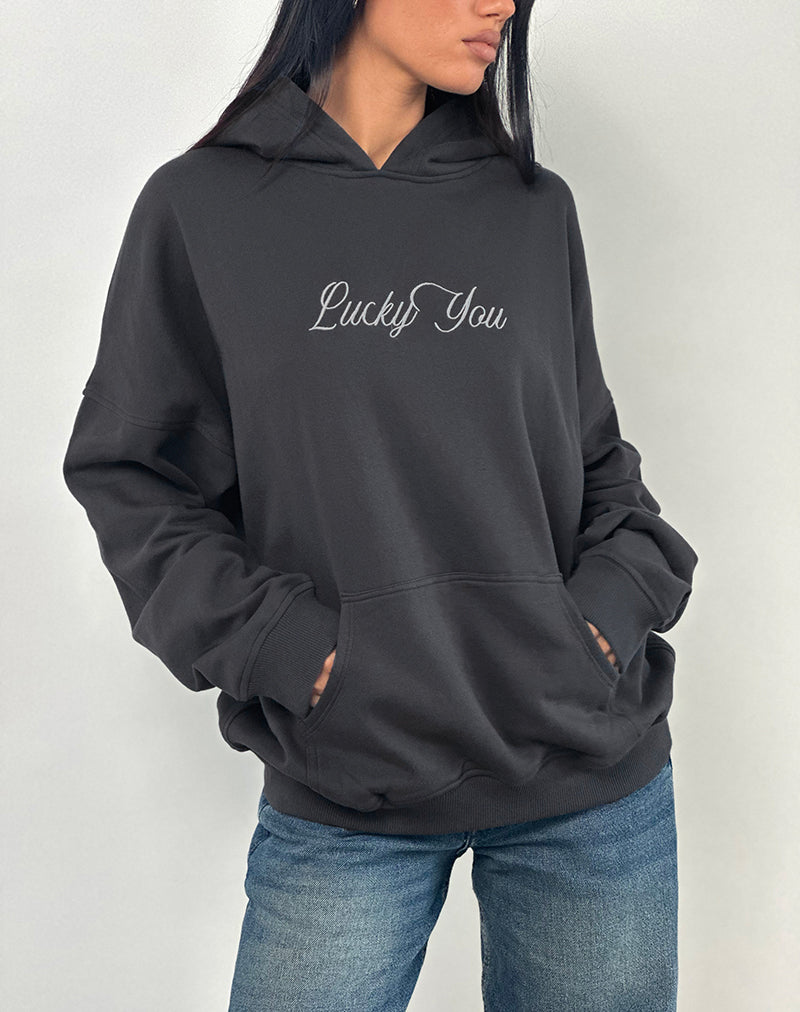 Sweat à capuche surdimensionné en Ocean Storm avec graphique Lucky You