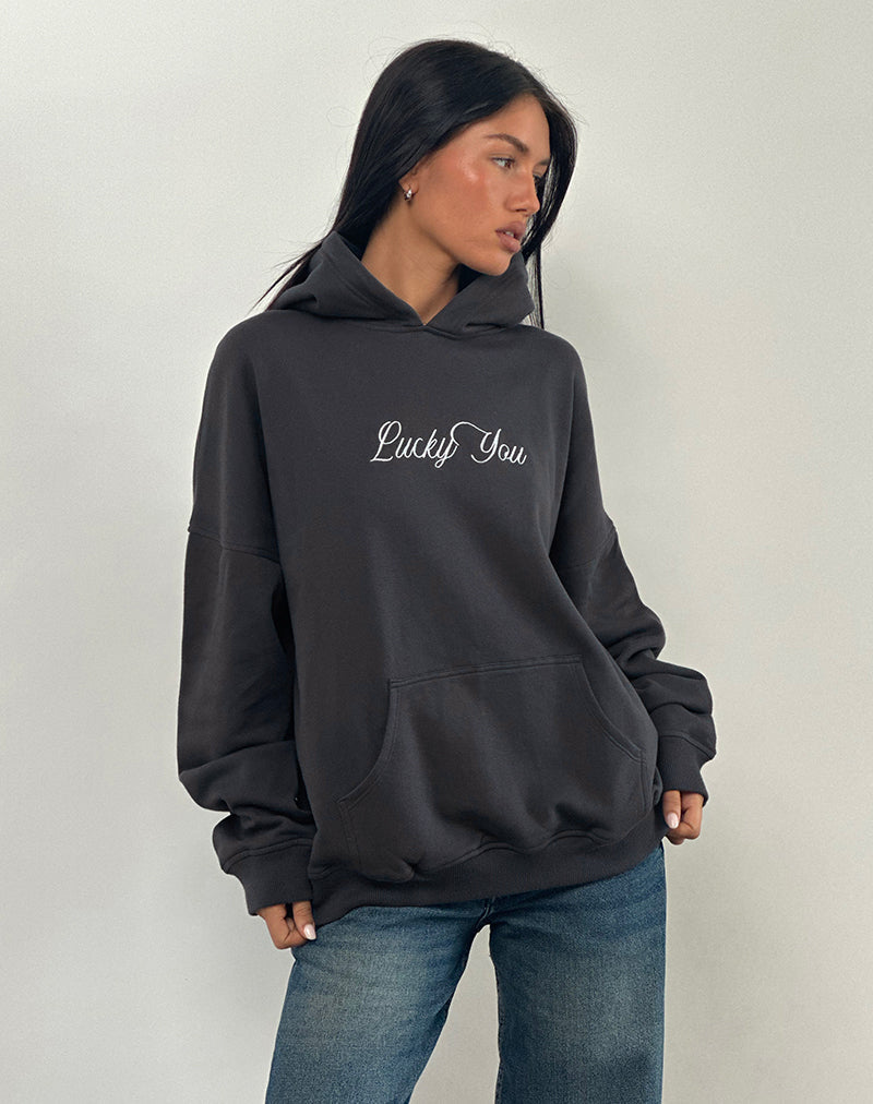 Image of Oversized Hoodie in Ocean Storm with Lucky You Graphic (sweat à capuche surdimensionné avec tempête d'océan et graphique Lucky You)