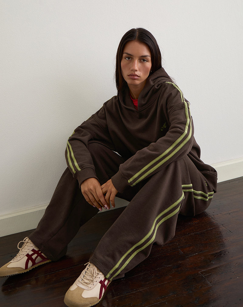 Pantalon de survêtement Oze en chocolat amer avec reliure verte et broderie M