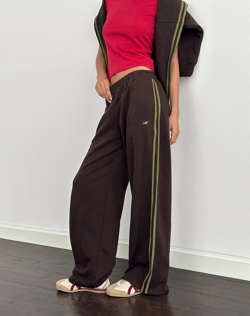 Pantalon de survêtement Oze en chocolat amer avec reliure verte et broderie M