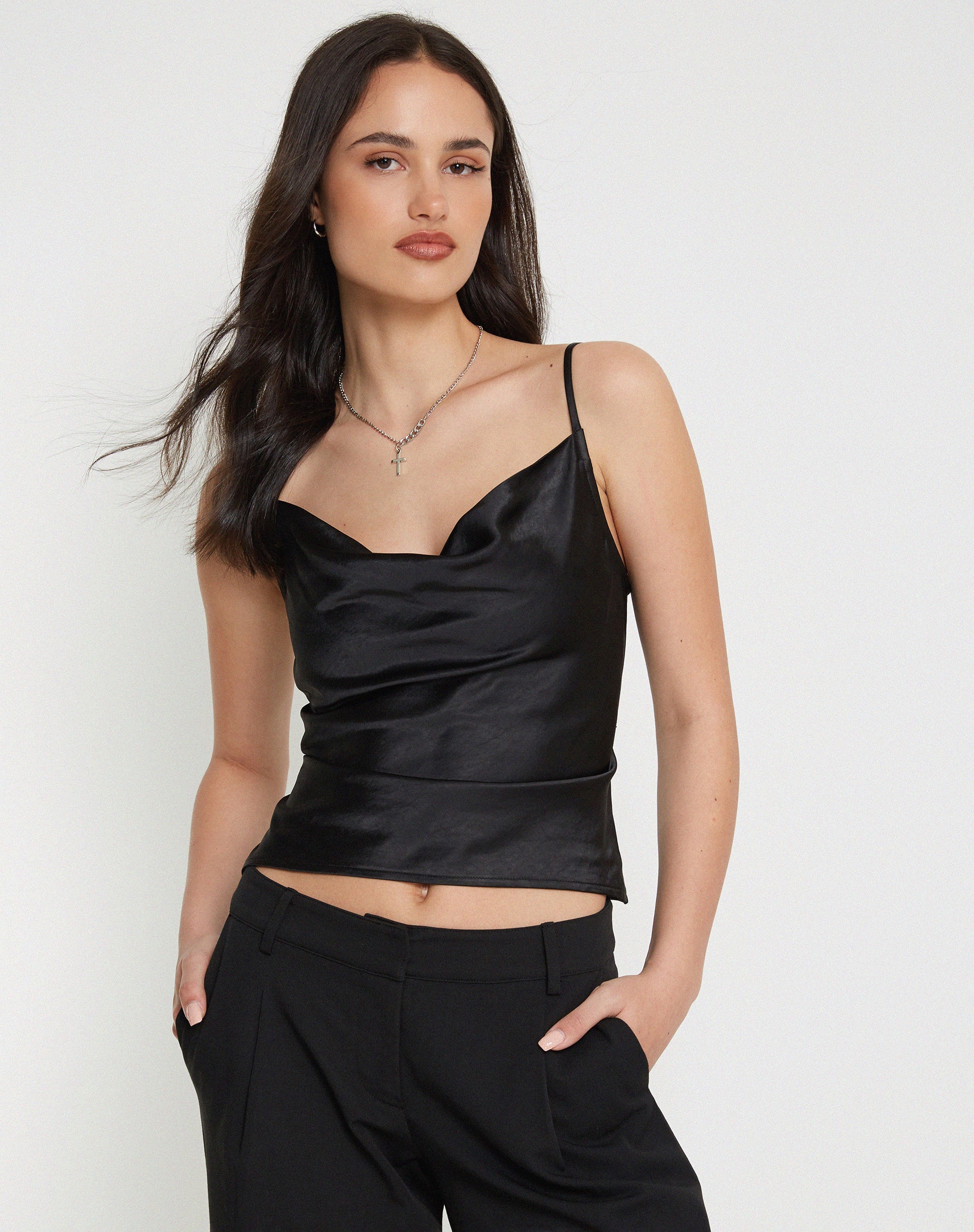 Image de Paiva Cowl Neck Top in Satin Black