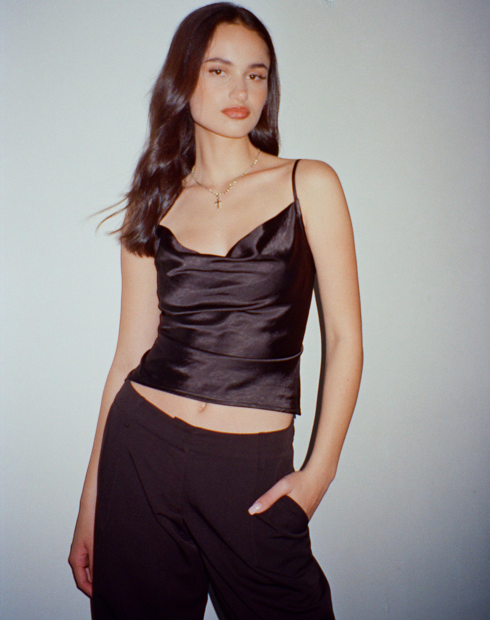 Image de Paiva Cowl Neck Top in Satin Black