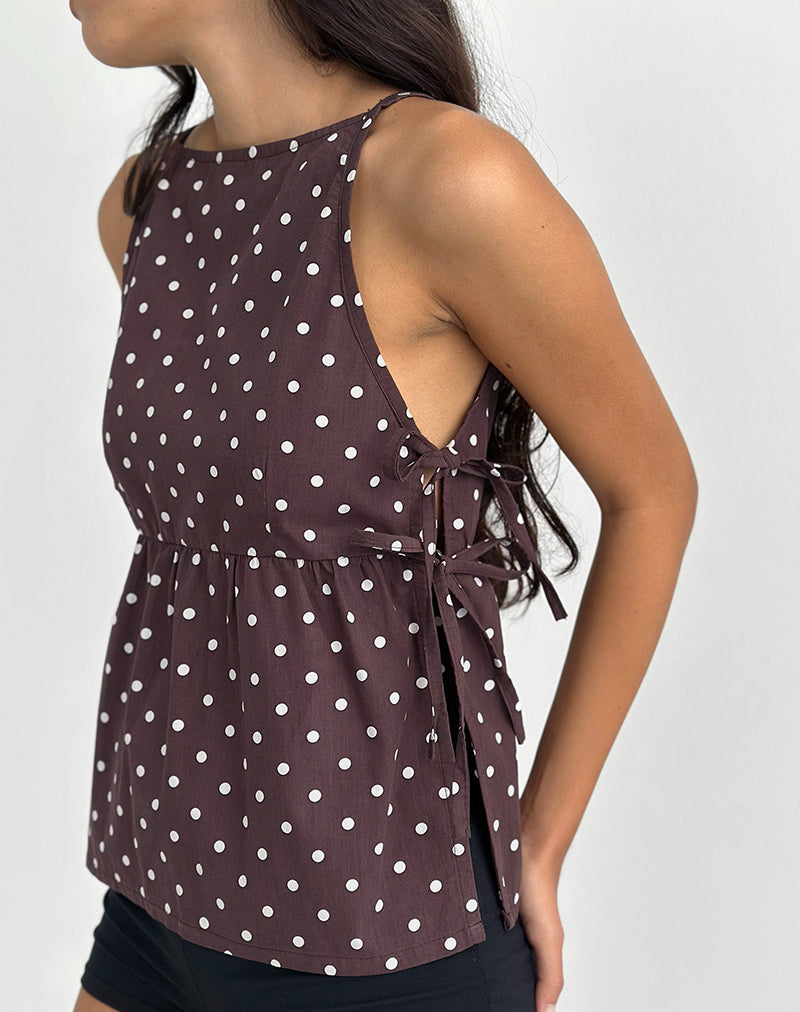 Image de Palsi Tie Side Top in Brown with Medium Polka White