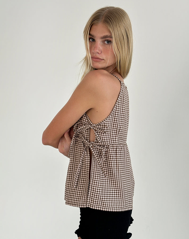 Image de Palsi Tie Side Sleeveless Top in Brown Mini Gingham