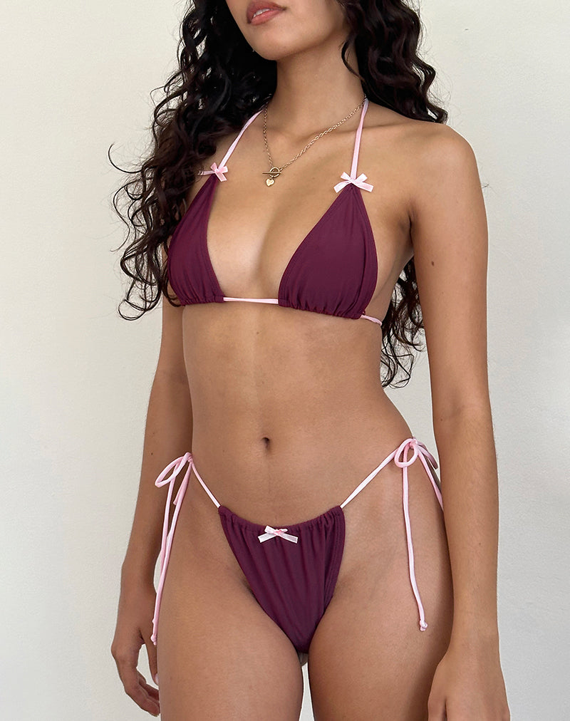 Bas de bikini Leyna avec nœud, couleur vin et reliure rose Sakura