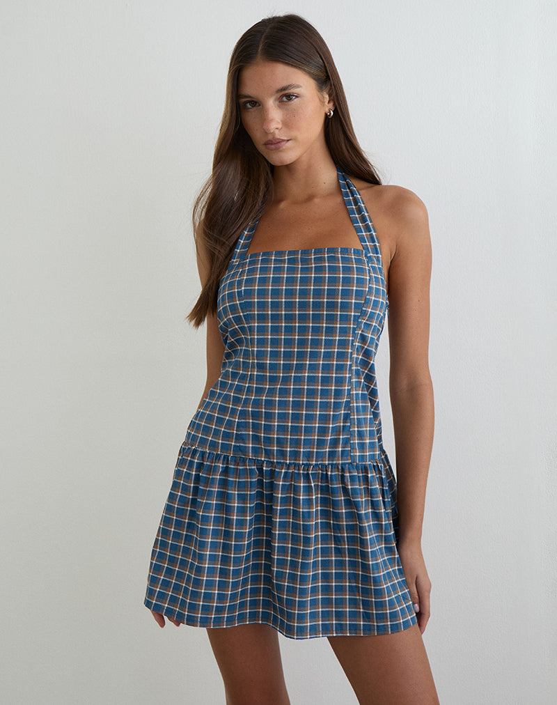 Image de la robe mini à col licou Panja en tartan bleu moyen