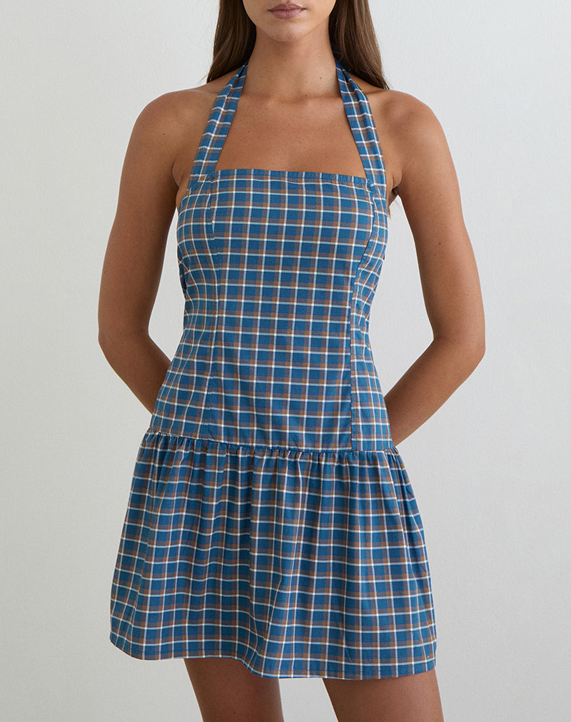 Image de la robe mini à col licou Panja en tartan bleu moyen