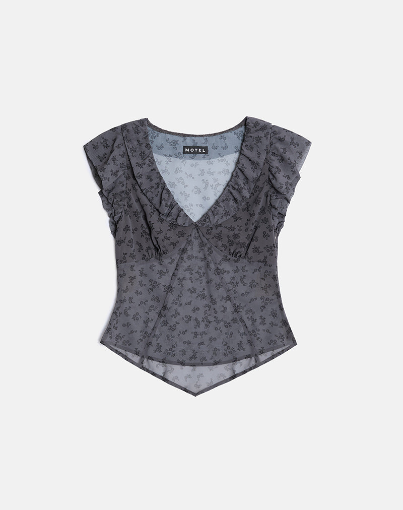 Paquita Top in Chiffon Minimal Flower Dark Grey