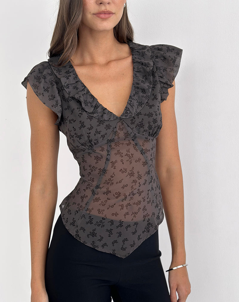 Image of Paquita Top in Chiffon Minimal Flower Dark Grey