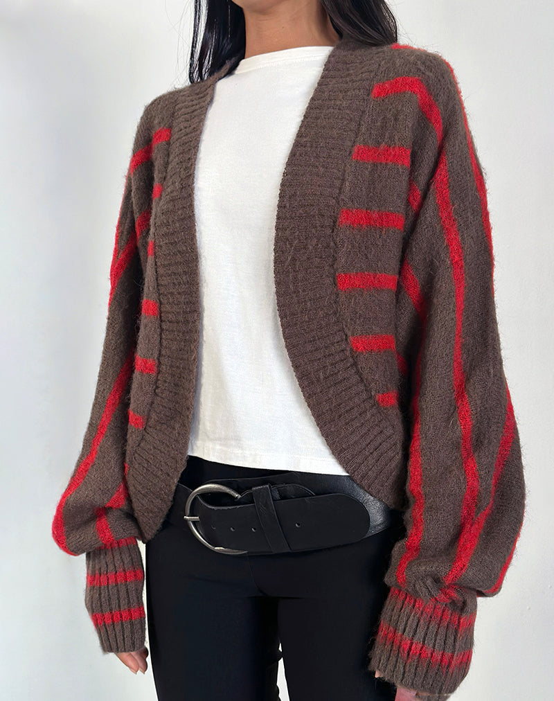 Image du cardigan à épaules Pasha à rayures rouges et brunes