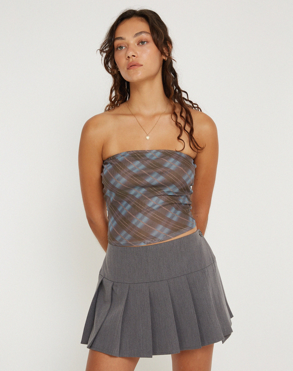 Peggy Bandeau Top in Green Blurred Check Dark Olive