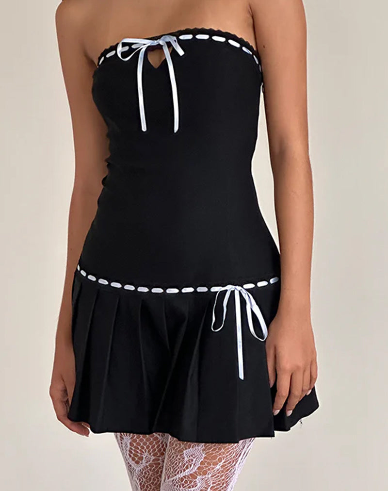Mini robe Petula en noir avec ruban contrasté bleu