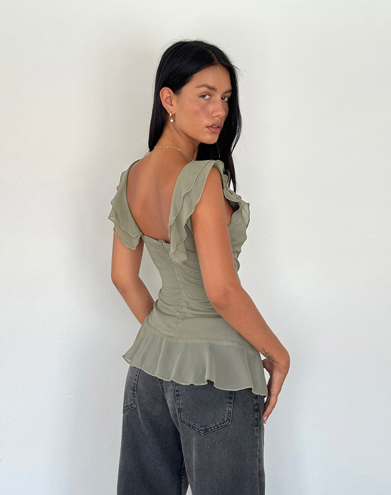 Image de Piro Ruffle Longline Top in Chiffon Olive
