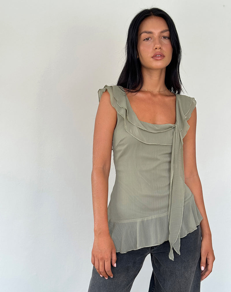 Image de Piro Ruffle Longline Top in Chiffon Olive