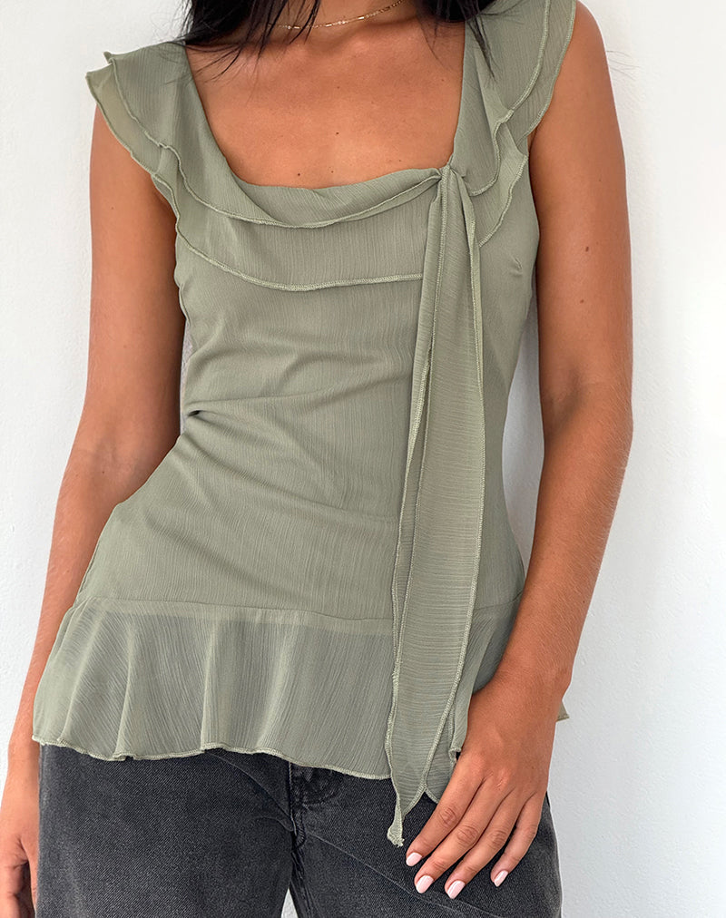 Image de Piro Ruffle Longline Top in Chiffon Olive