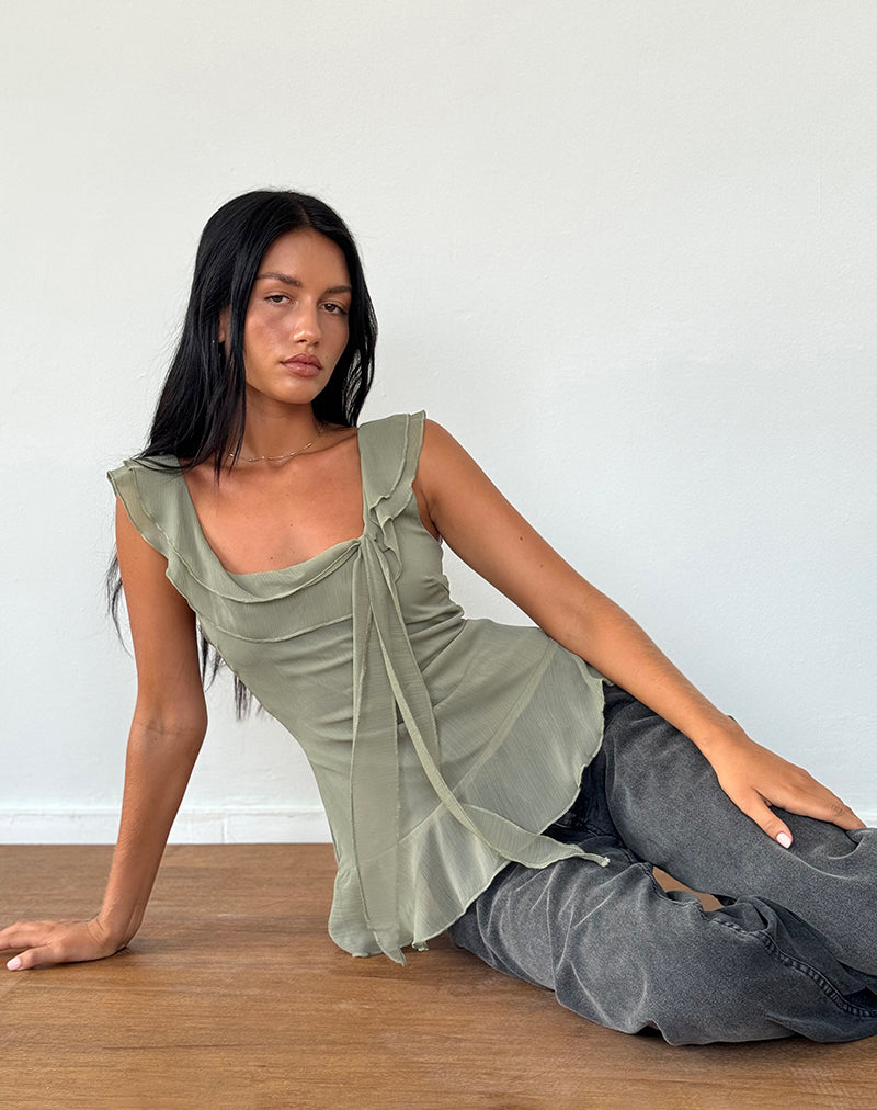 Image de Piro Ruffle Longline Top in Chiffon Olive