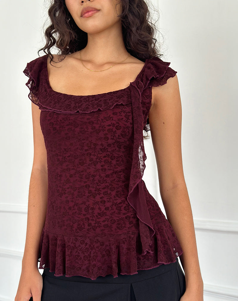 Image de Piroli Top in Ditsy Floral Flock Burnt Maroon