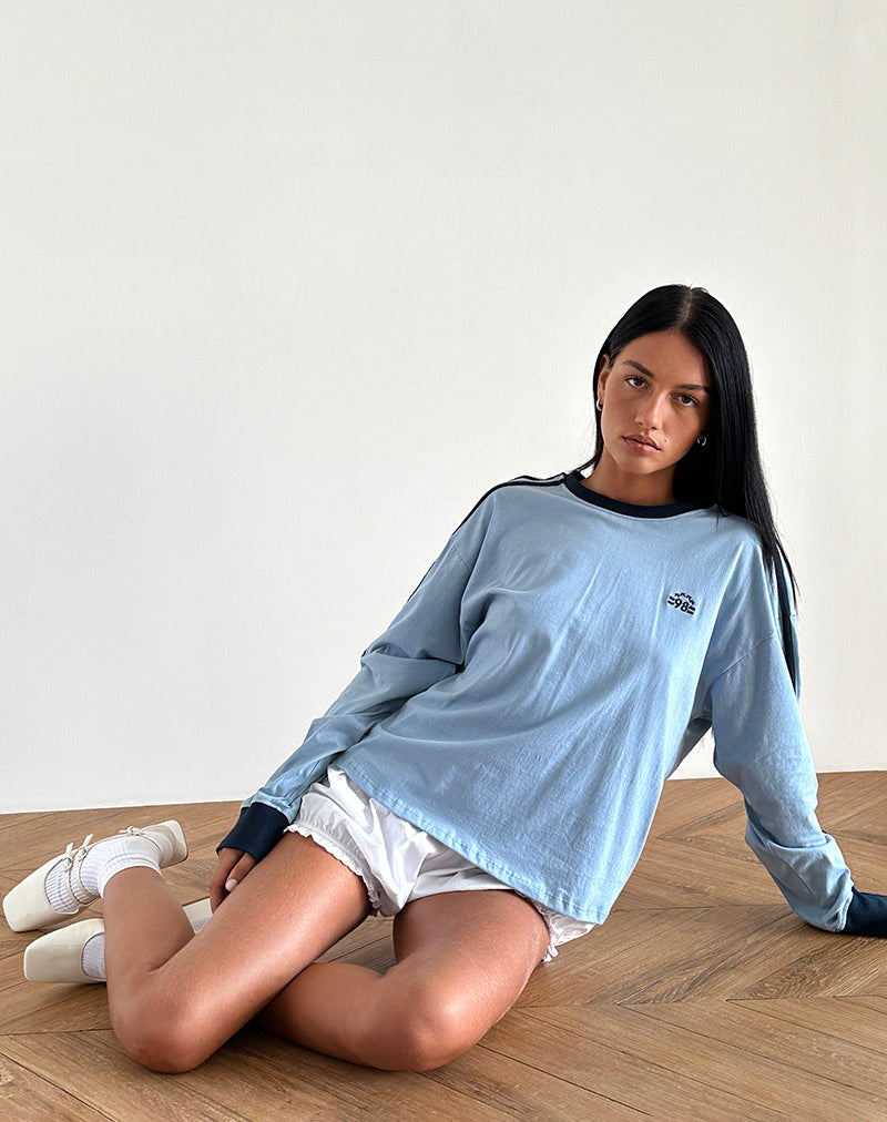 Top à manches longues Prata en bleu Nantucket avec bordures en bleu marine