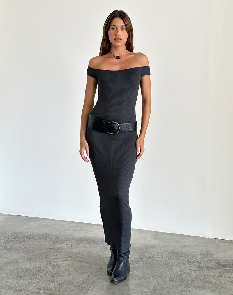 Image de Racha Thick Rib Bardot Maxi Dress in Black Forest