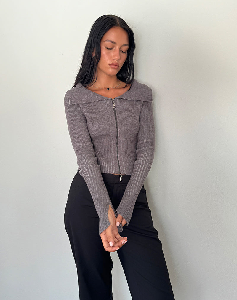 Radia Long Sleeve Off-Shoulder Zip Through Jumper in Dark Charcoal (Pull à manches longues et épaules découvertes avec fermeture éclair)