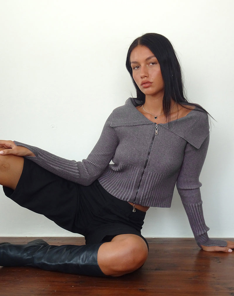 Radia Long Sleeve Off-Shoulder Zip Through Jumper in Dark Charcoal (Pull à manches longues et épaules découvertes avec fermeture éclair)