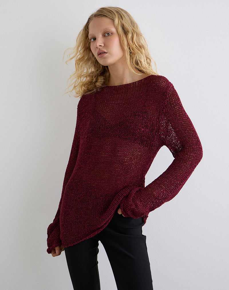 Image de Rajiya Open Weave Jumper in Burgundy