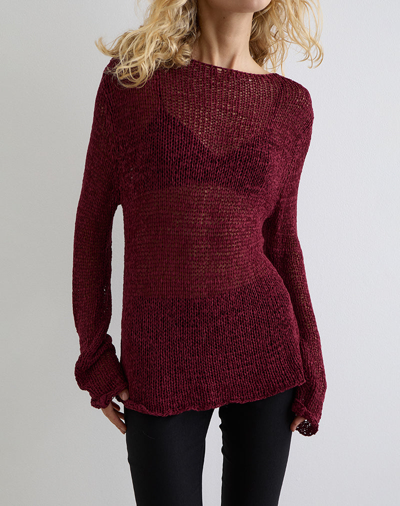 Image de Rajiya Open Weave Jumper in Burgundy
