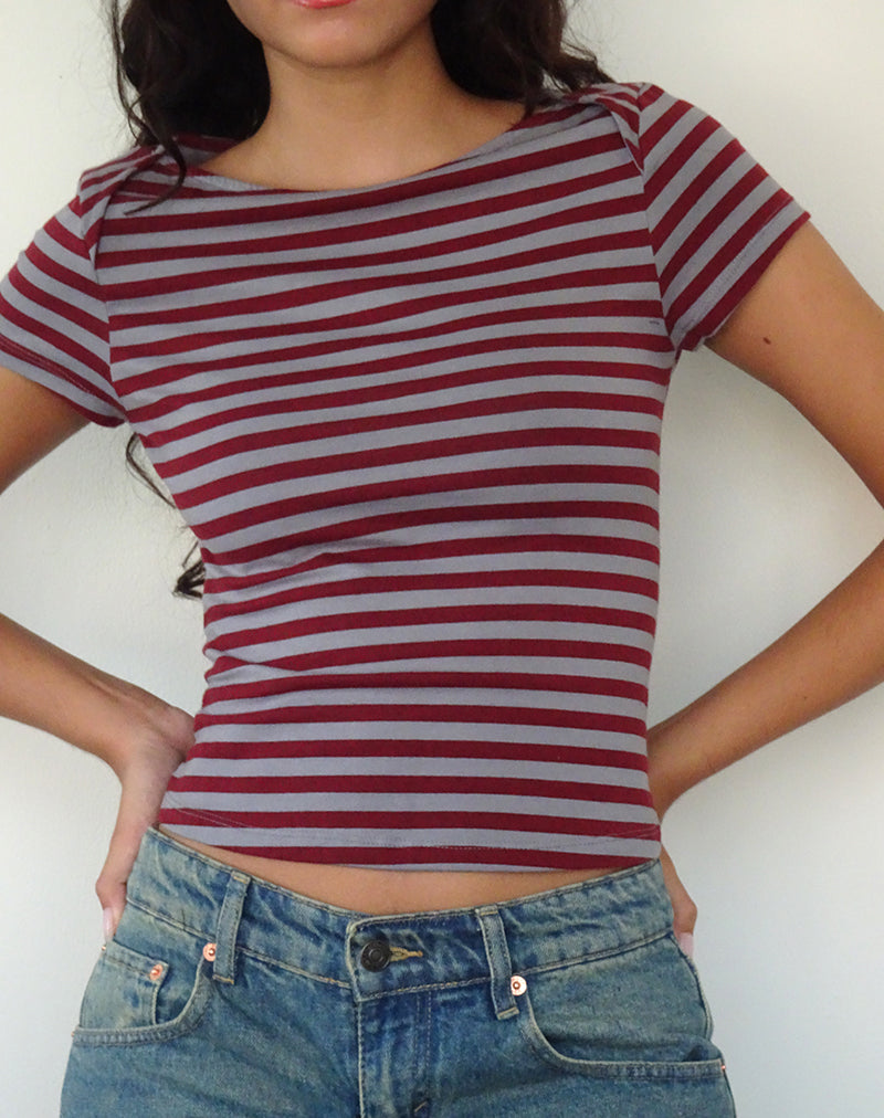 Ralina Short Sleeve Top in Mulberry Grey Stripes (Top à manches courtes Ralina à rayures gris mûrier)