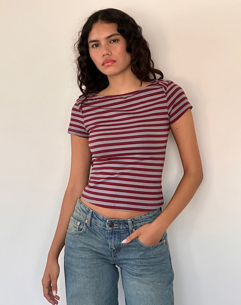Ralina Short Sleeve Top in Mulberry Grey Stripes (Top à manches courtes Ralina à rayures gris mûrier)