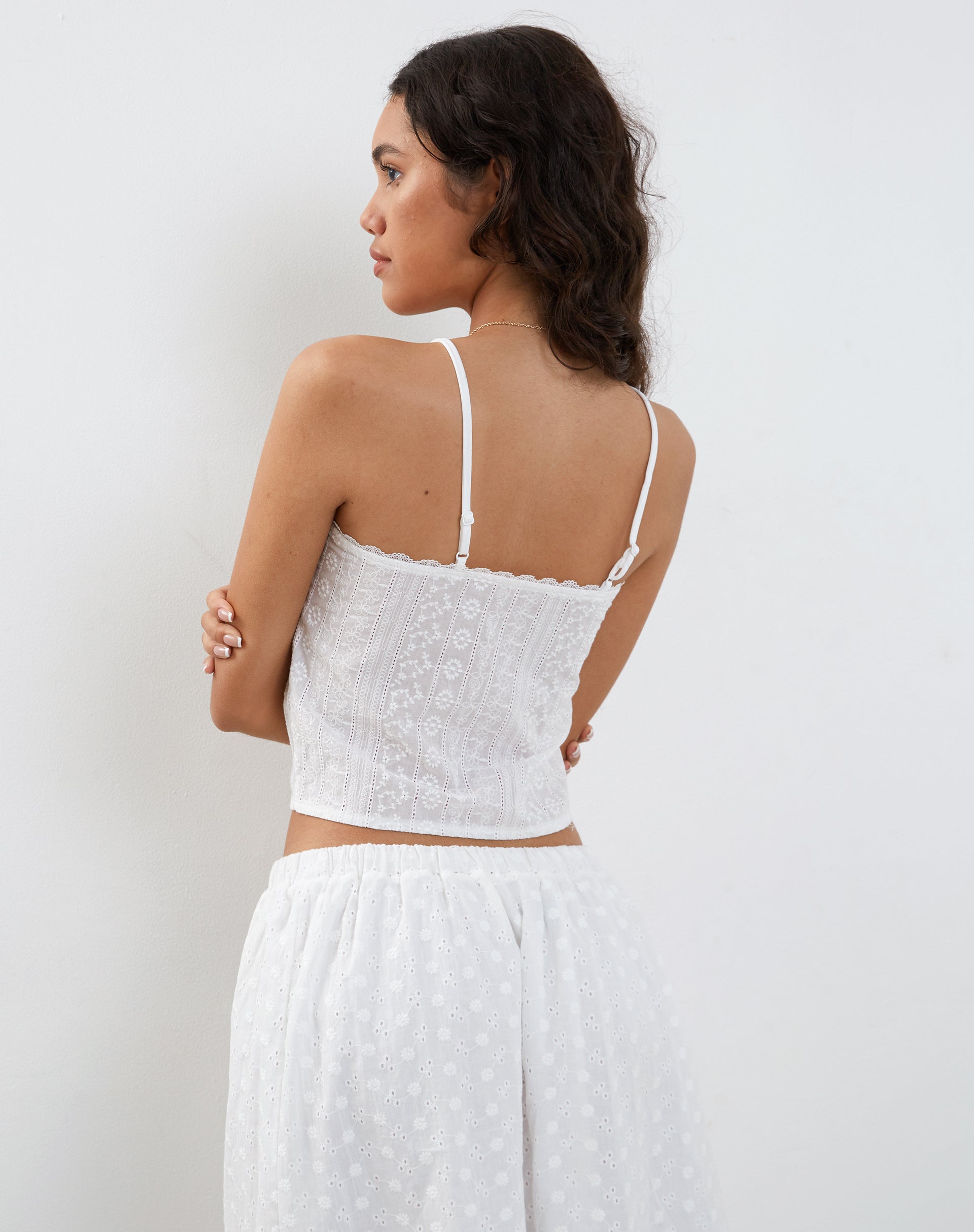 Image of Ramika Tie Front Embroidered Cami Top in White Broderie