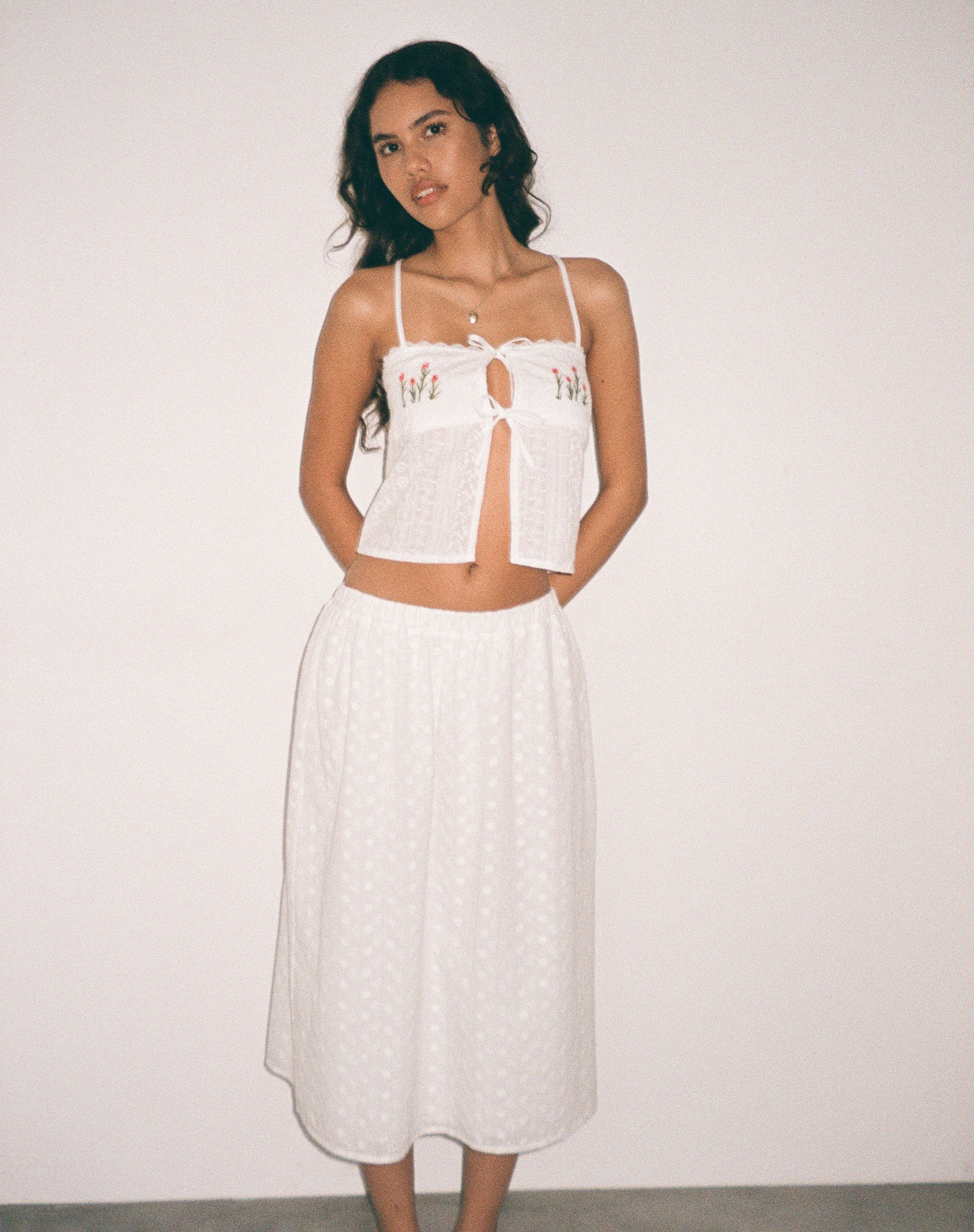 Image of Ramika Tie Front Embroidered Cami Top in White Broderie