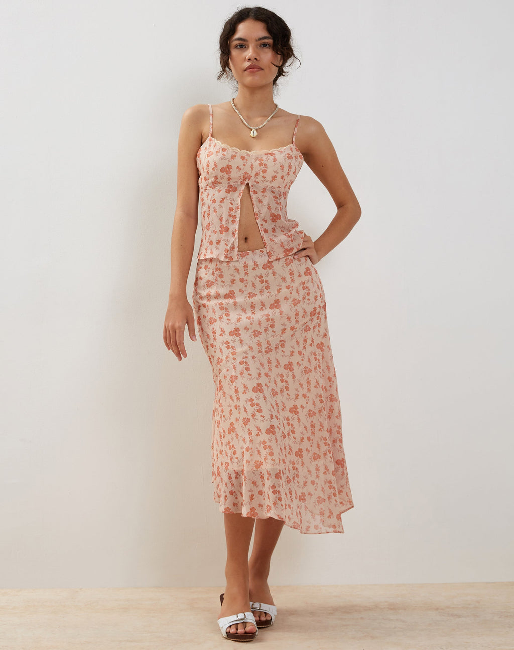 Rans - Jupe midi en mousseline à ourlet en cascade - Peach Cherry Blossom