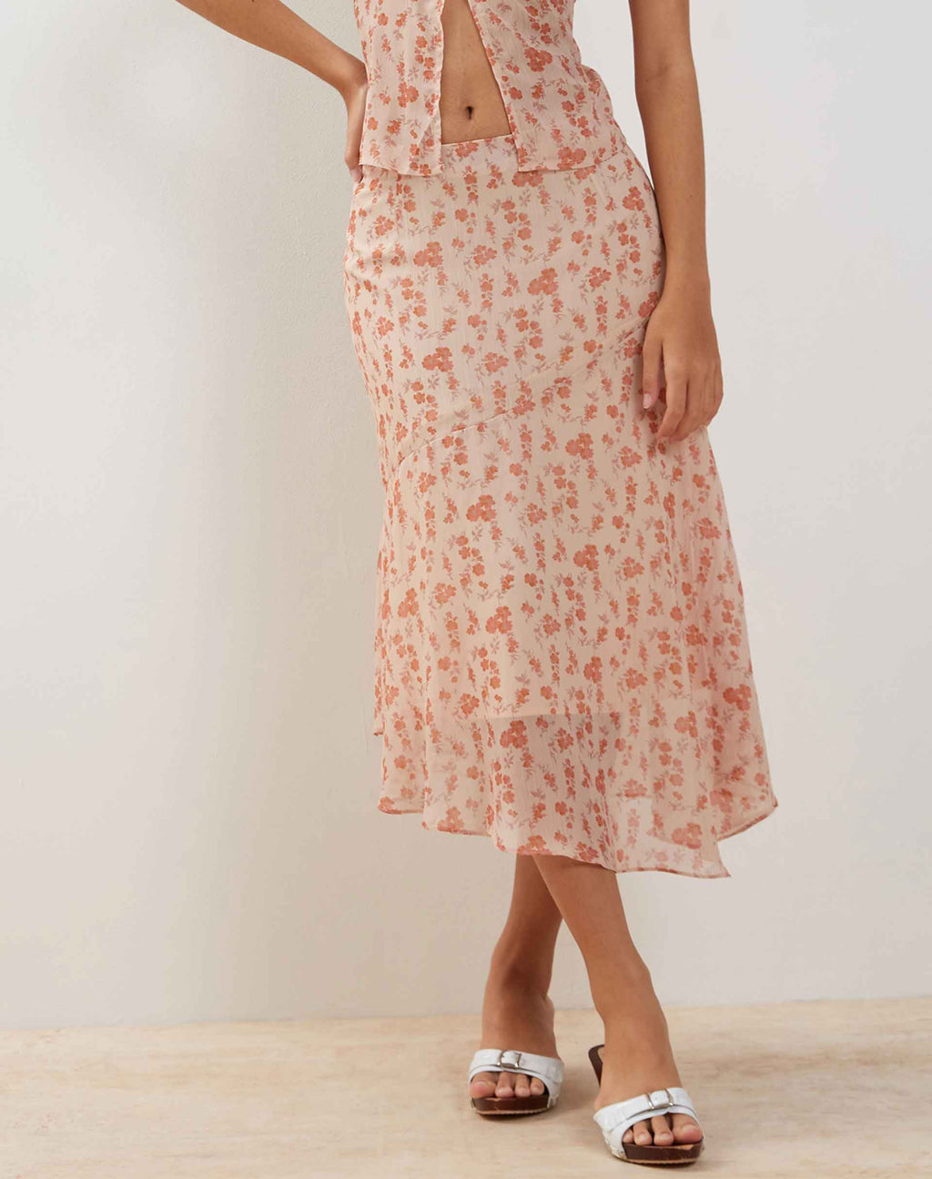 Rans - Jupe midi en mousseline à ourlet en cascade - Peach Cherry Blossom