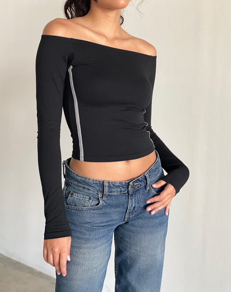 Image de Reiba Long Sleeve Top in Black with Grey Binding