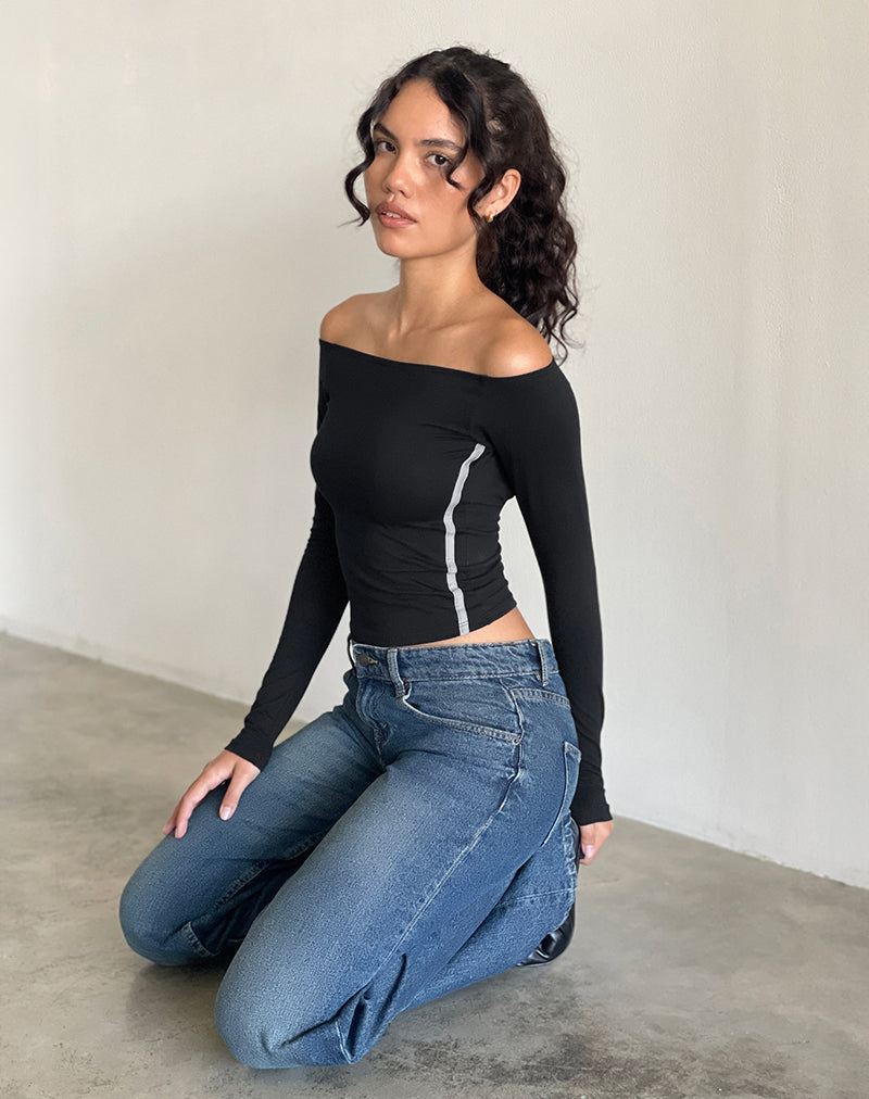 Image de Reiba Long Sleeve Top in Black with Grey Binding