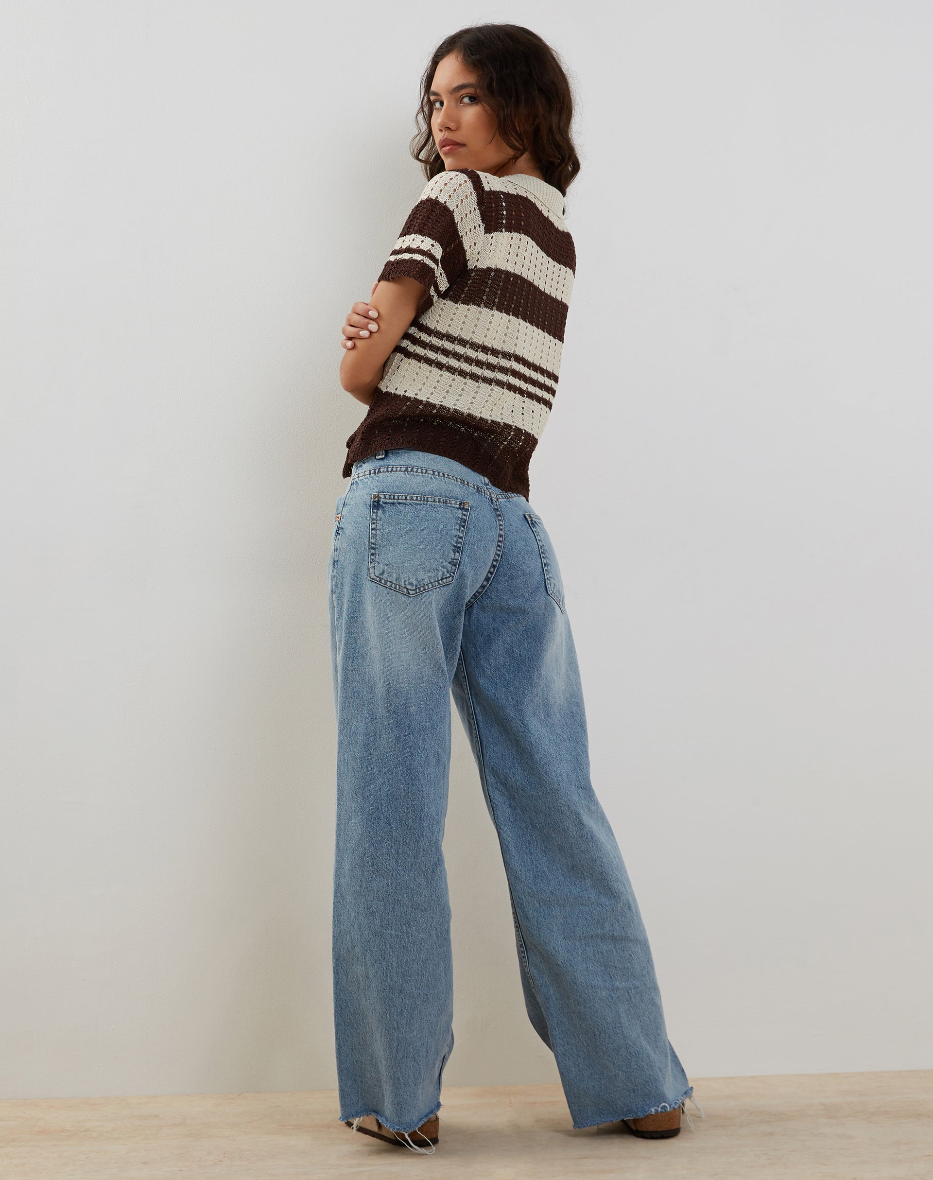 Image de Siwi Pointelle Tricot Polo Top in Stripe Neutral