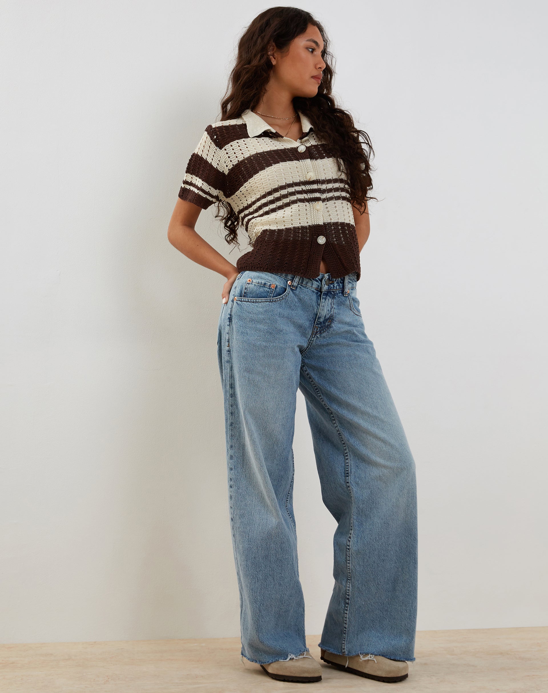 Image de Siwi Pointelle Tricot Polo Top in Stripe Neutral