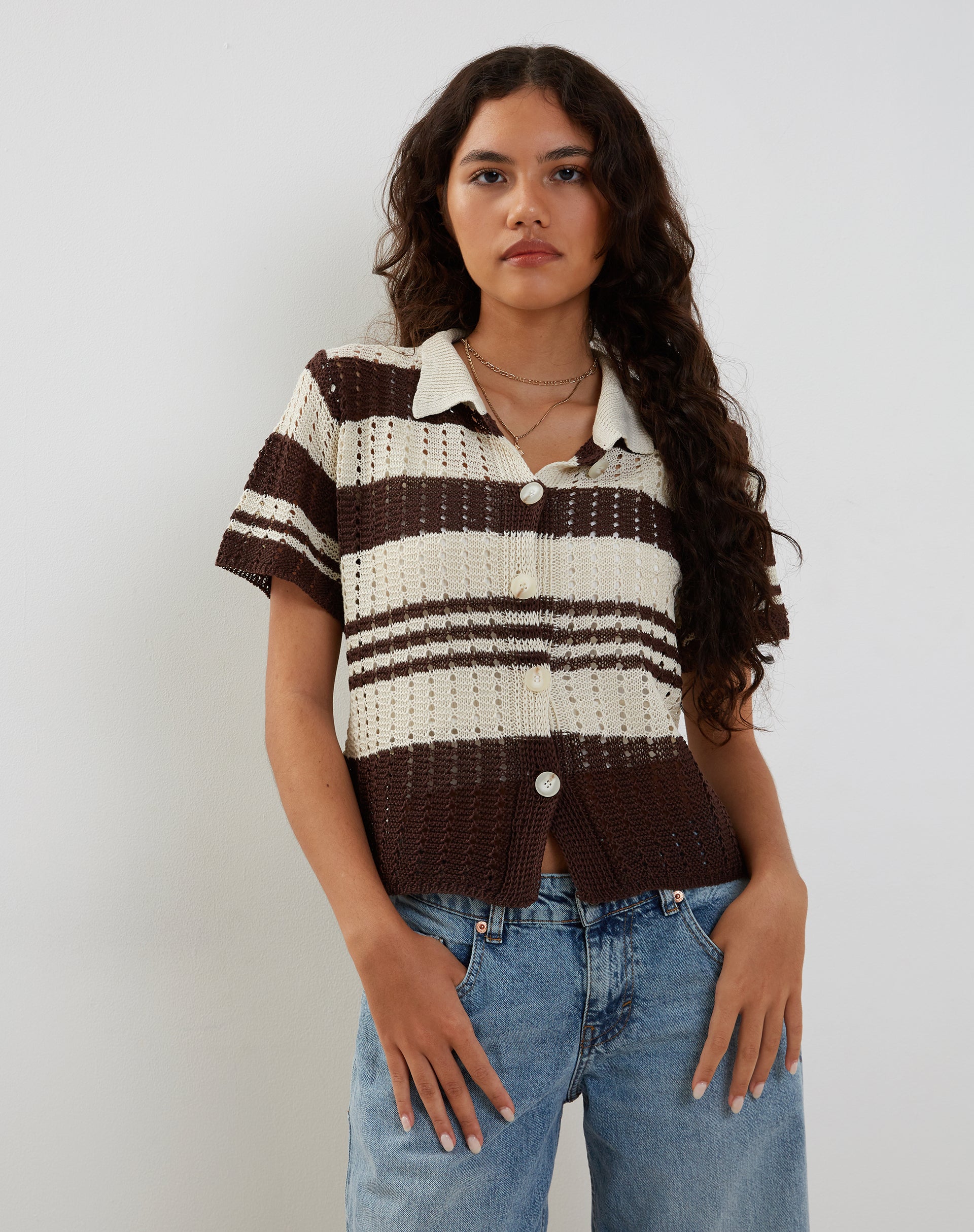 Image de Siwi Pointelle Tricot Polo Top in Stripe Neutral