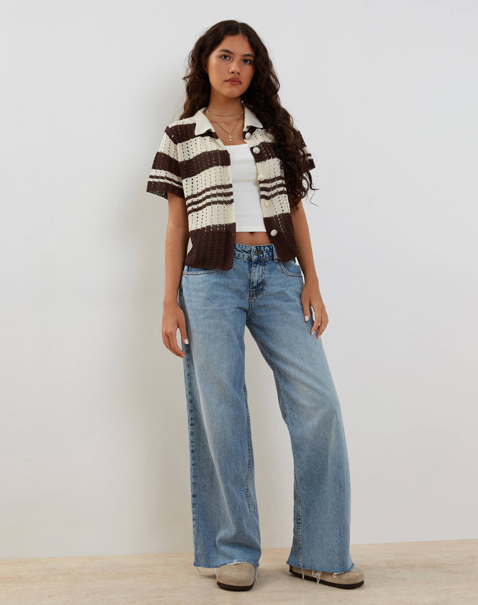Image de Siwi Pointelle Tricot Polo Top in Stripe Neutral