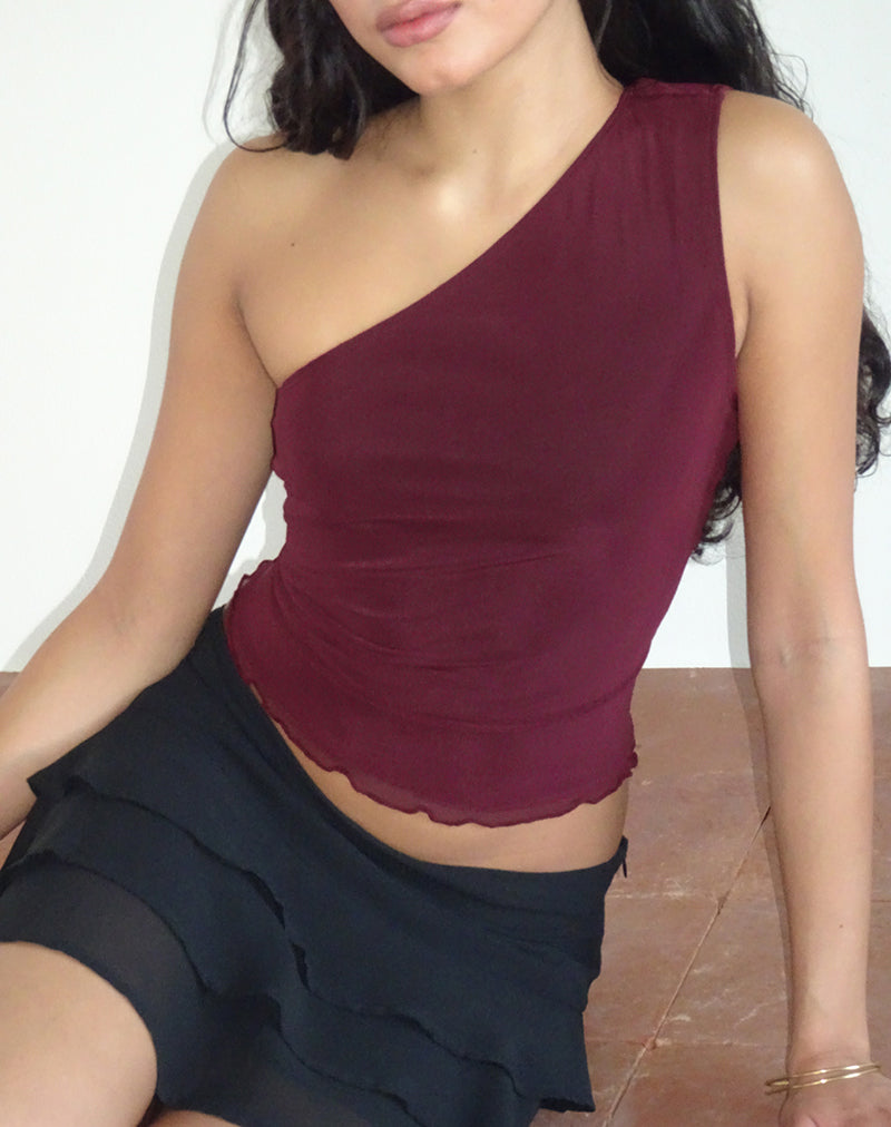 Rhian One Shoulder Top in Mesh Maroon (Top asymétrique en maille)