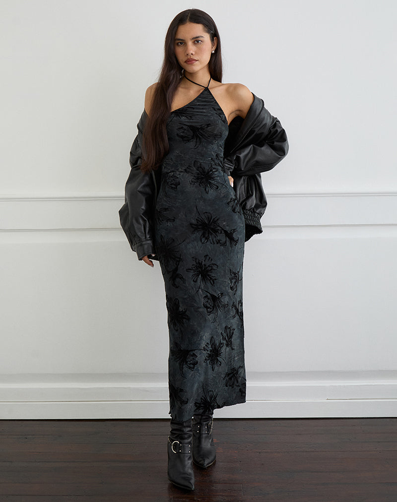 Robe longue Rikaya en velours gris brûlé
