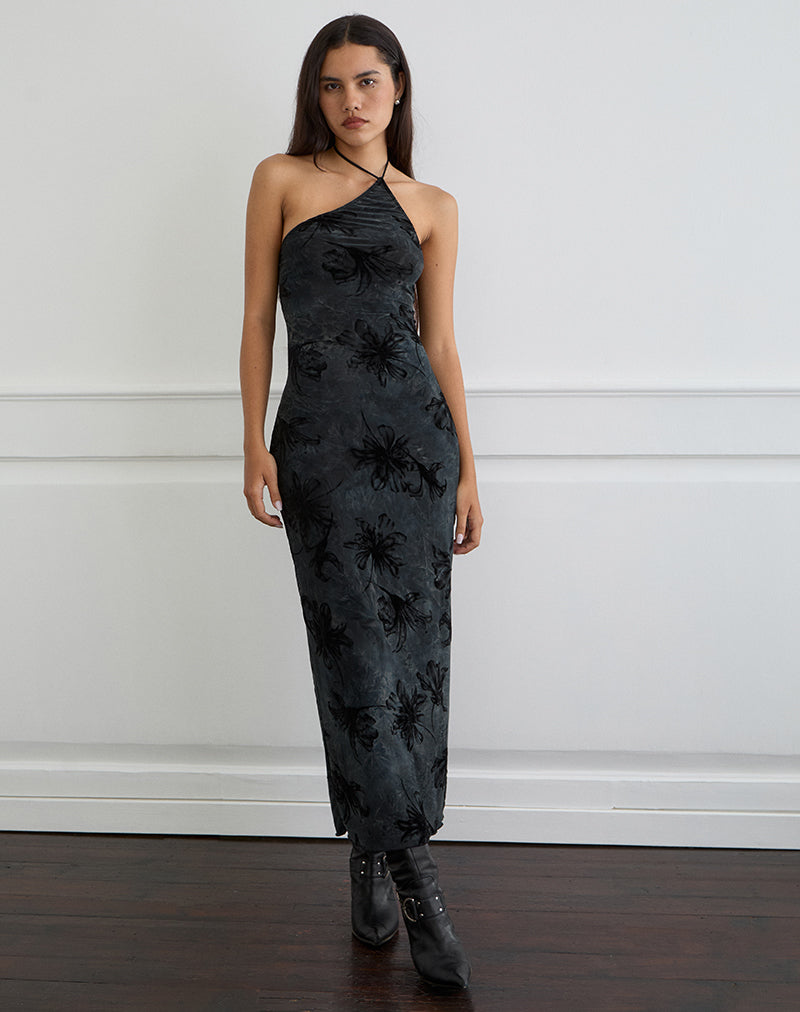 Robe longue Rikaya en velours gris brûlé