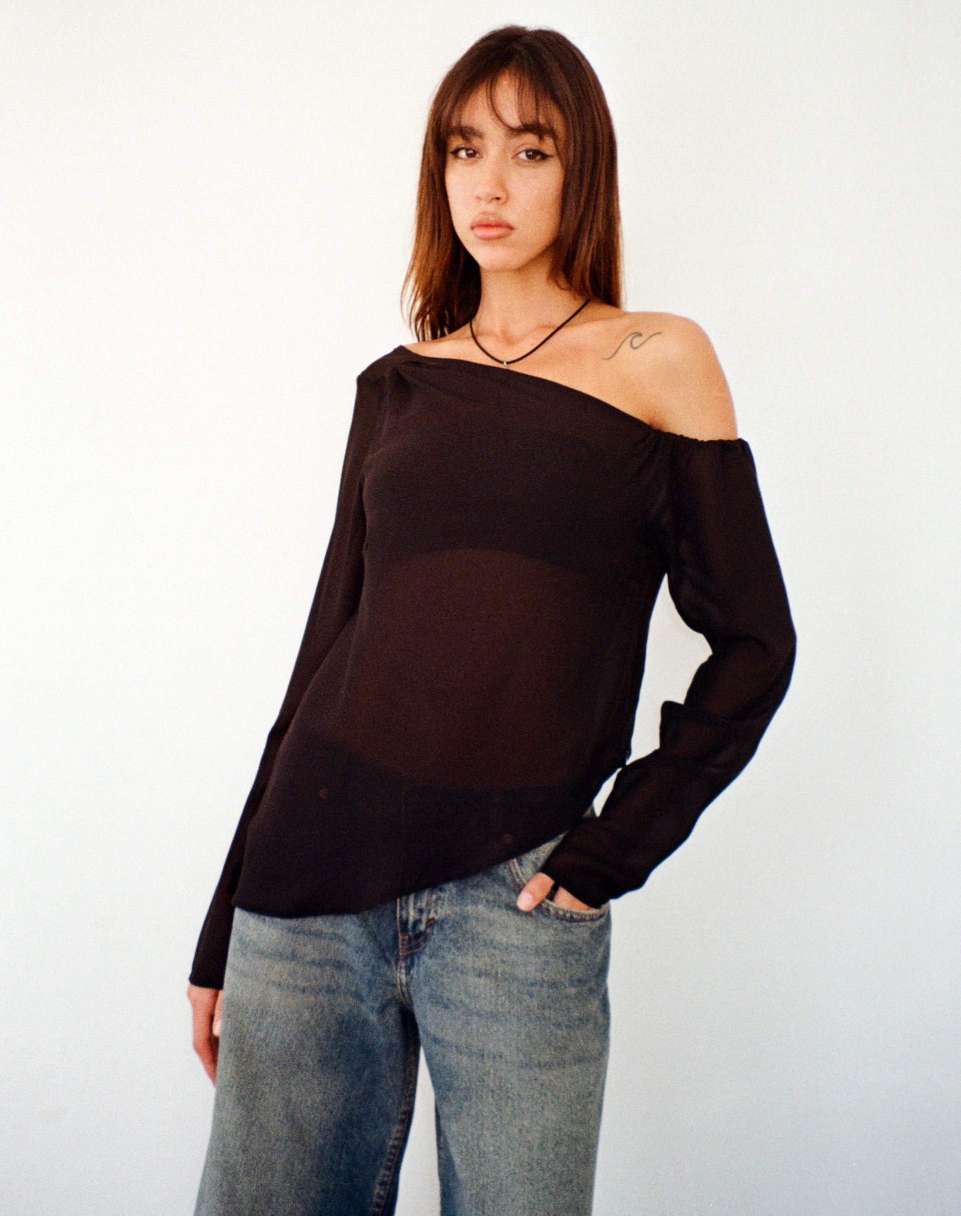 Image of Riot Asymmetric Longline Top in Black Chiffon