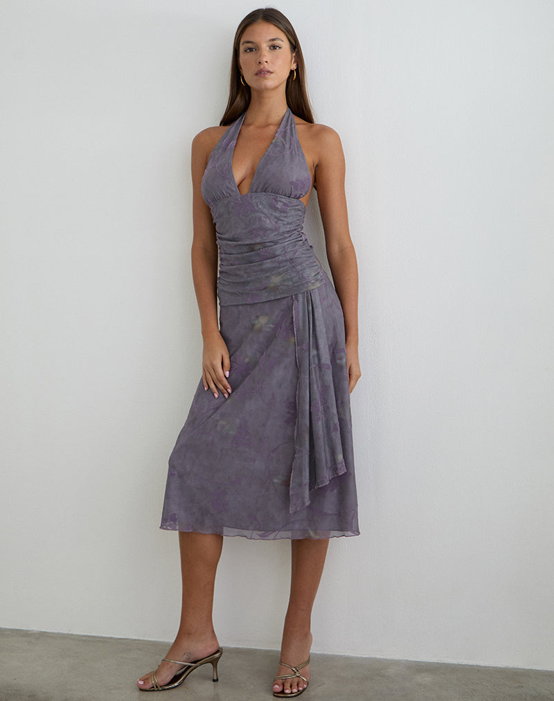 Image de la robe midi à dos nu Rokoyo, couleur violet fleur évasée