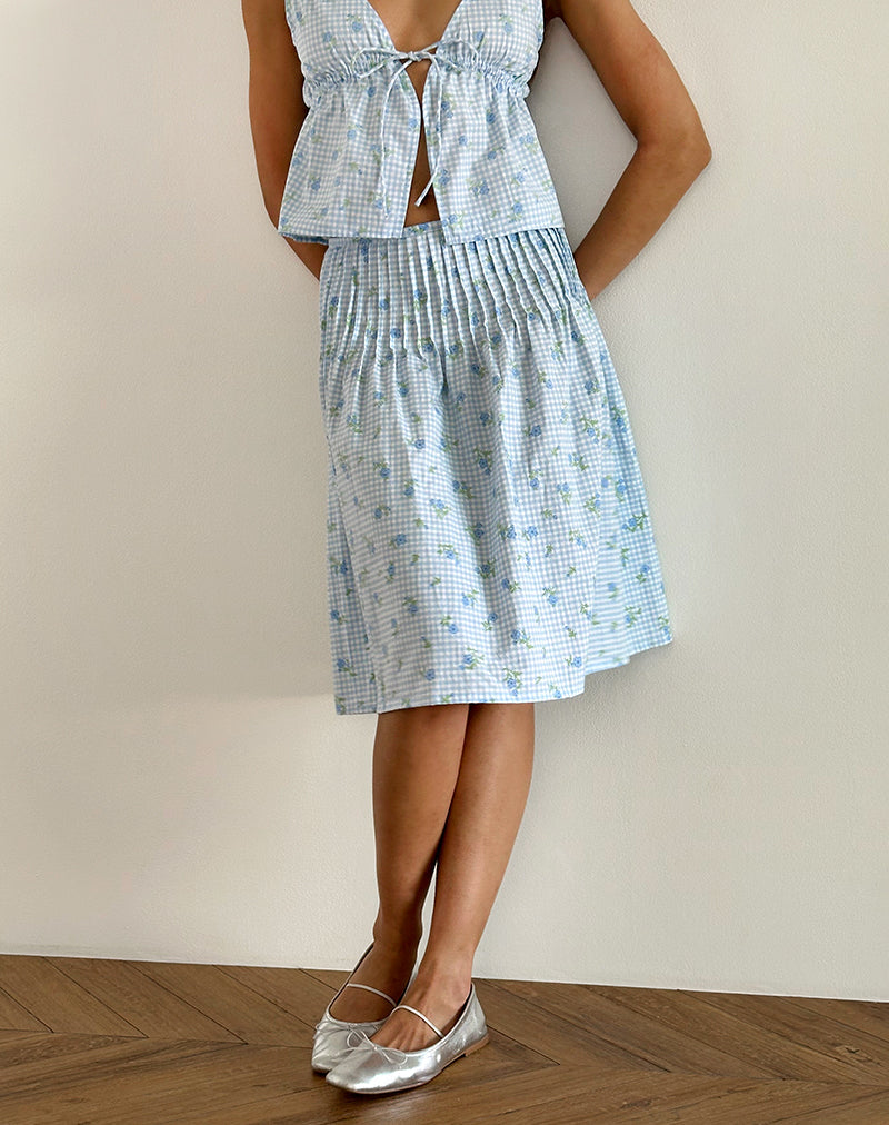 Jupe midi Asada, vichy fleuri bleu